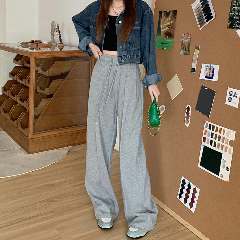 Black High-Waist Wide-Leg Sweatpants for Women, Loose Casual Korean Style