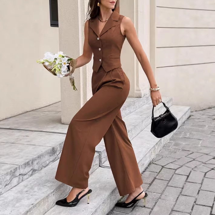 Women's Sleeveless Blazer Vest and Pants Set Solid Color Commuter Two-Piece