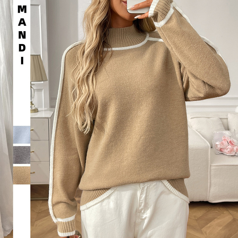 Half-Turtleneck Color-Block Pullover Sweater
