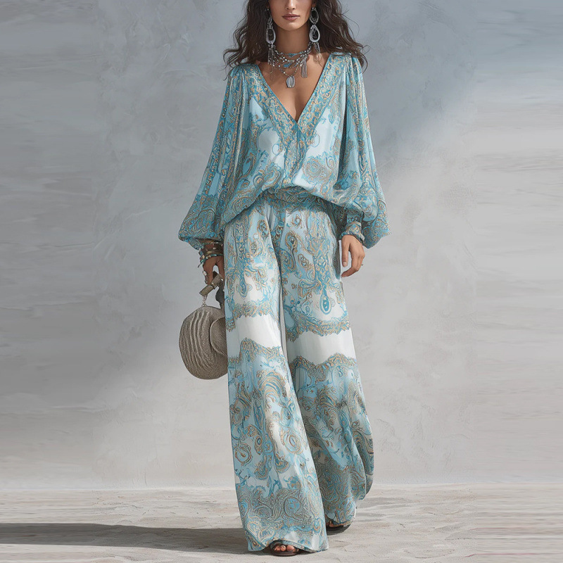 Women's Printed V-Neck Top and Wide-Leg Pants Two-Piece Set