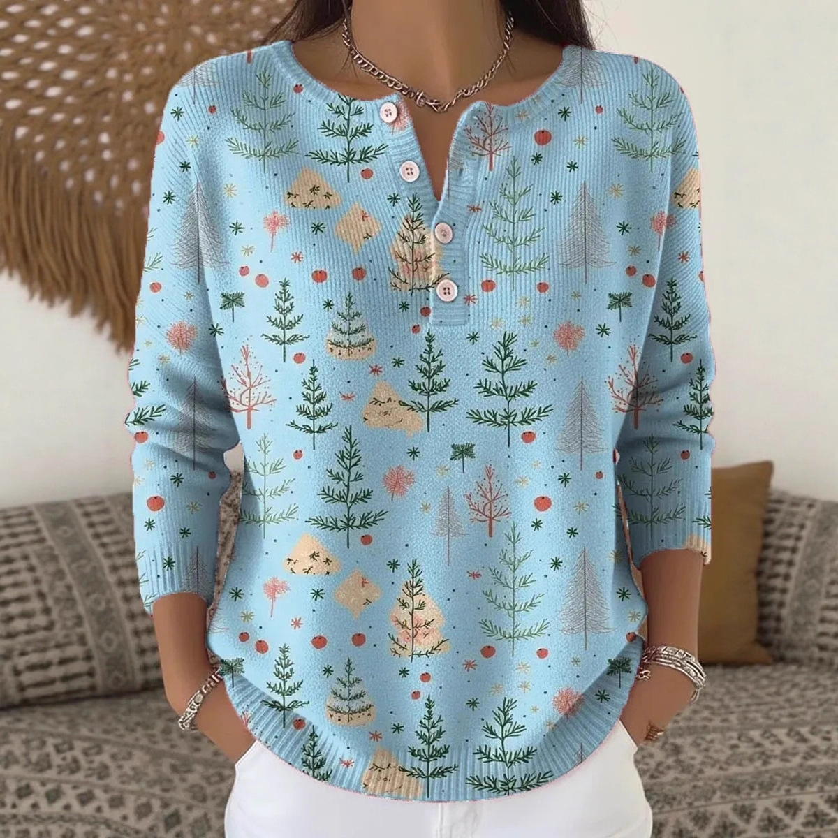 Women's Tree Flower Branch Petal Print Button Sweatshirt