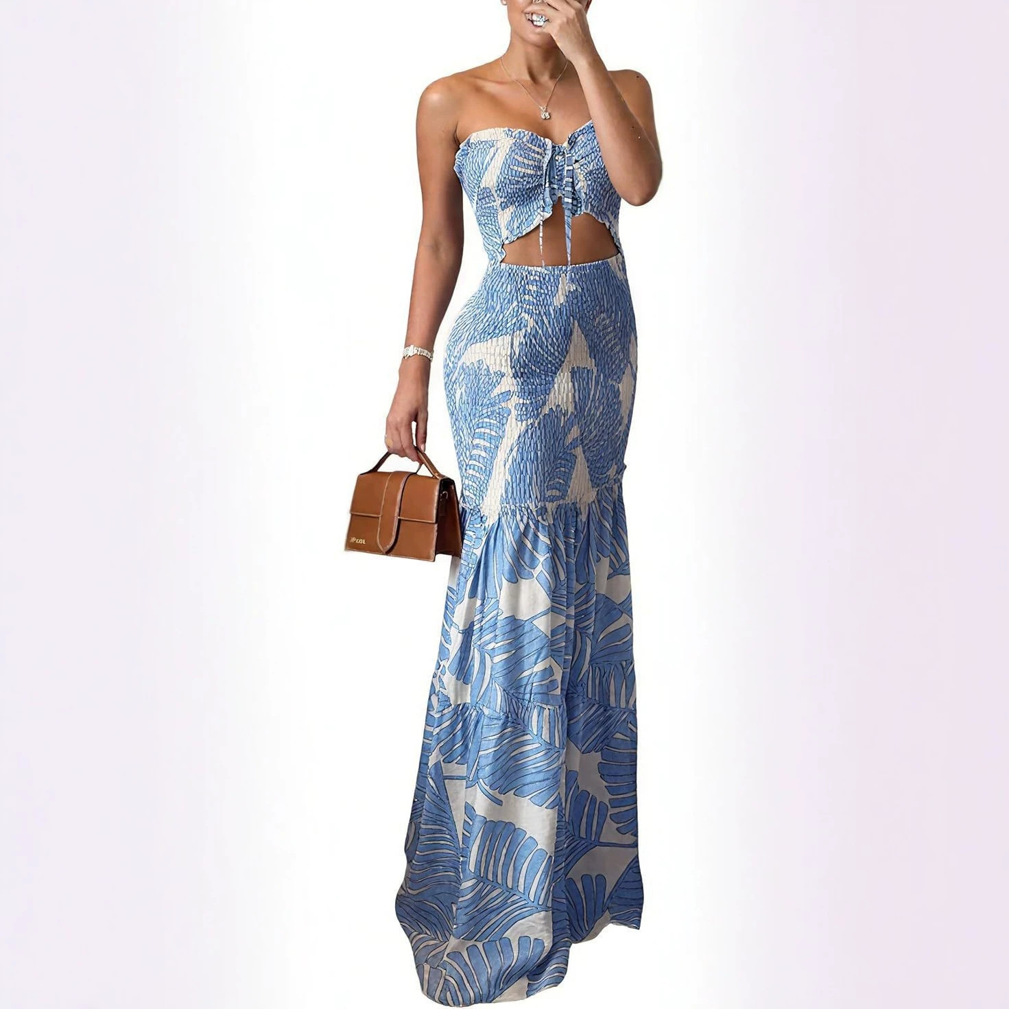 Tropical Print Smocked Tube Top and Ruffle Hem Long Pants Set