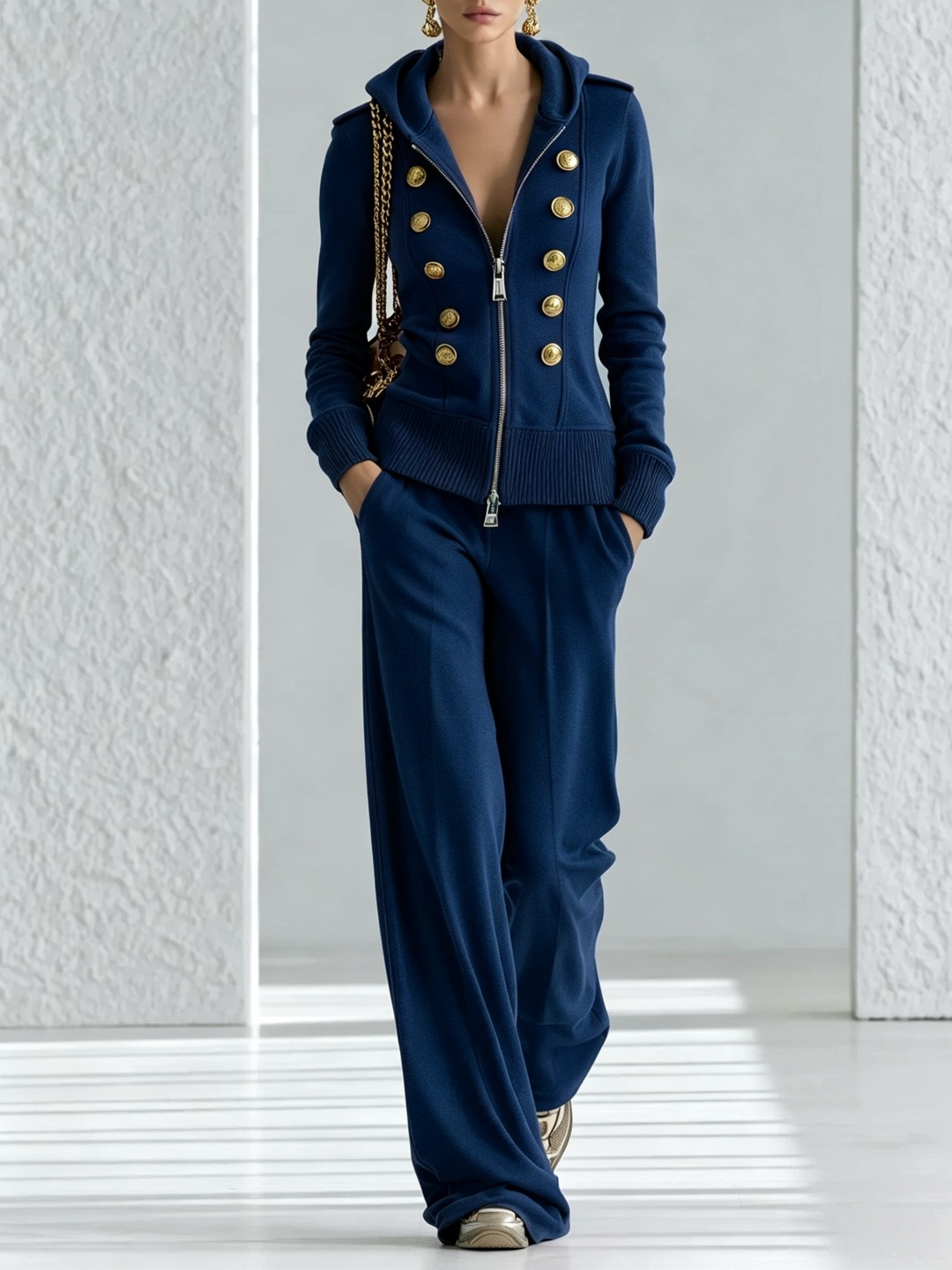 Y2K Double-Breasted Hooded Zip Top & Wide-Leg Pants Women's Set
