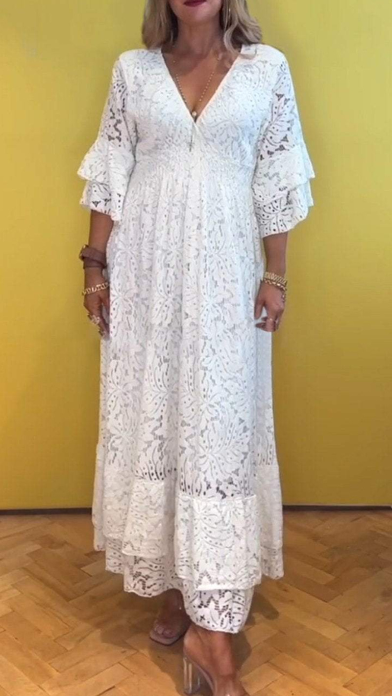 Women's Lace Cutout Deep V-Neck Solid Color Maxi Dress