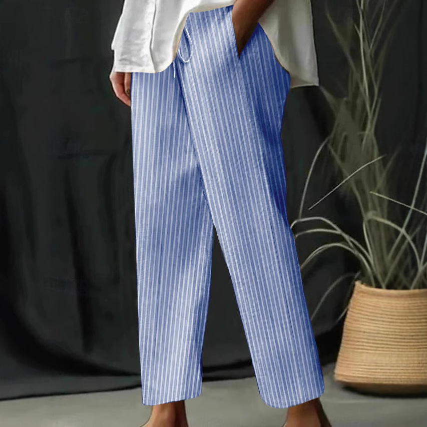 Striped & Solid Cotton-Linen Loose Casual Pants