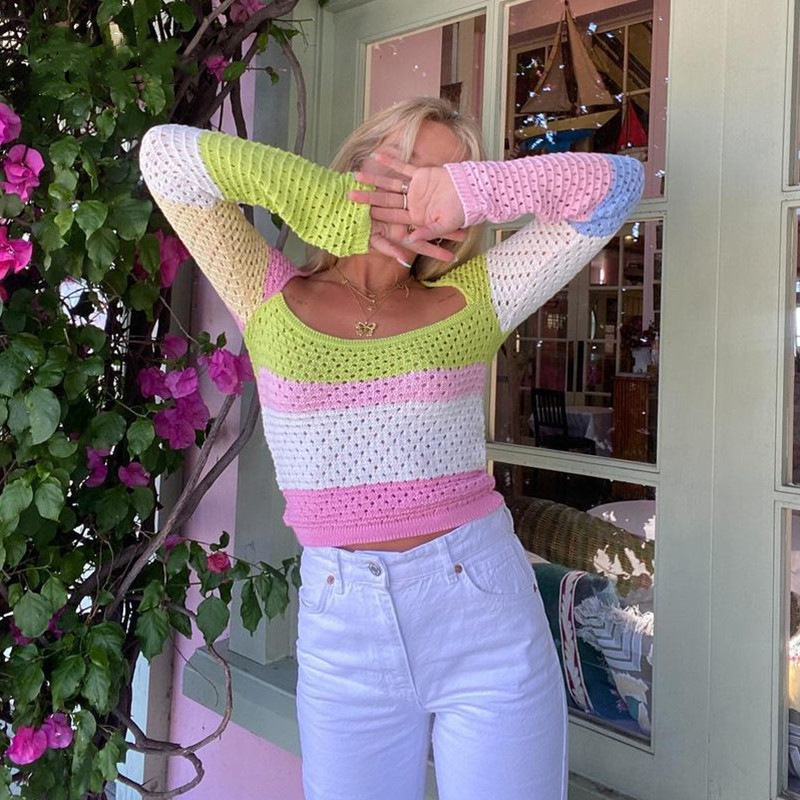 Women's Colorblock Open-Knit Long-Sleeve Top