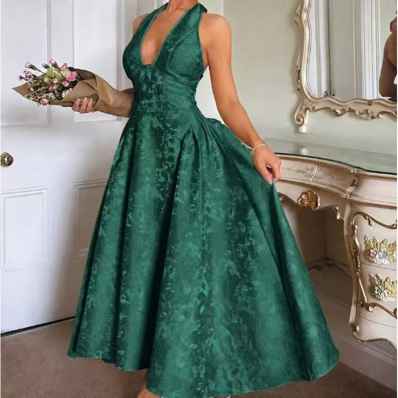 V-Neck Halter Jacquard Evening Dress Sleeveless Open-Back A-Line Long Gown