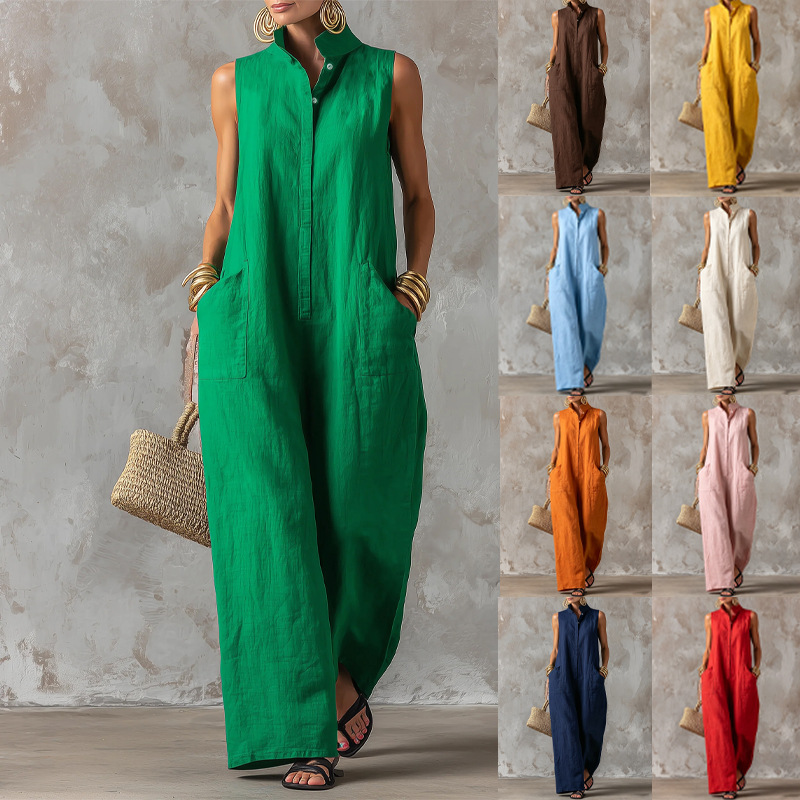 Women's Sleeveless Linen-Blend Jumpsuit with Stand Collar and Button Front Wide-Leg Pants
