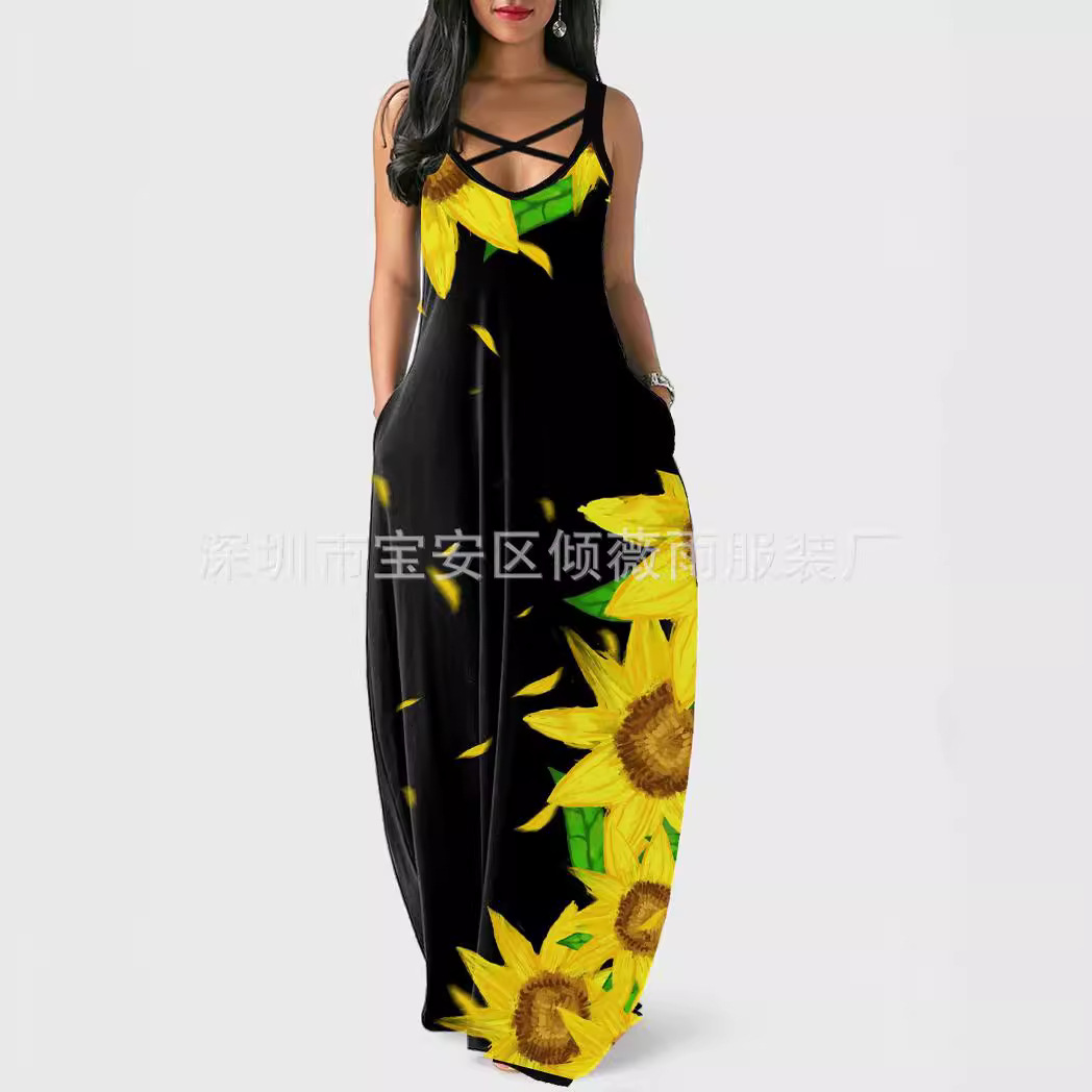 Summer High-Waist Digital Print Sleeveless Bodycon Midi Dress