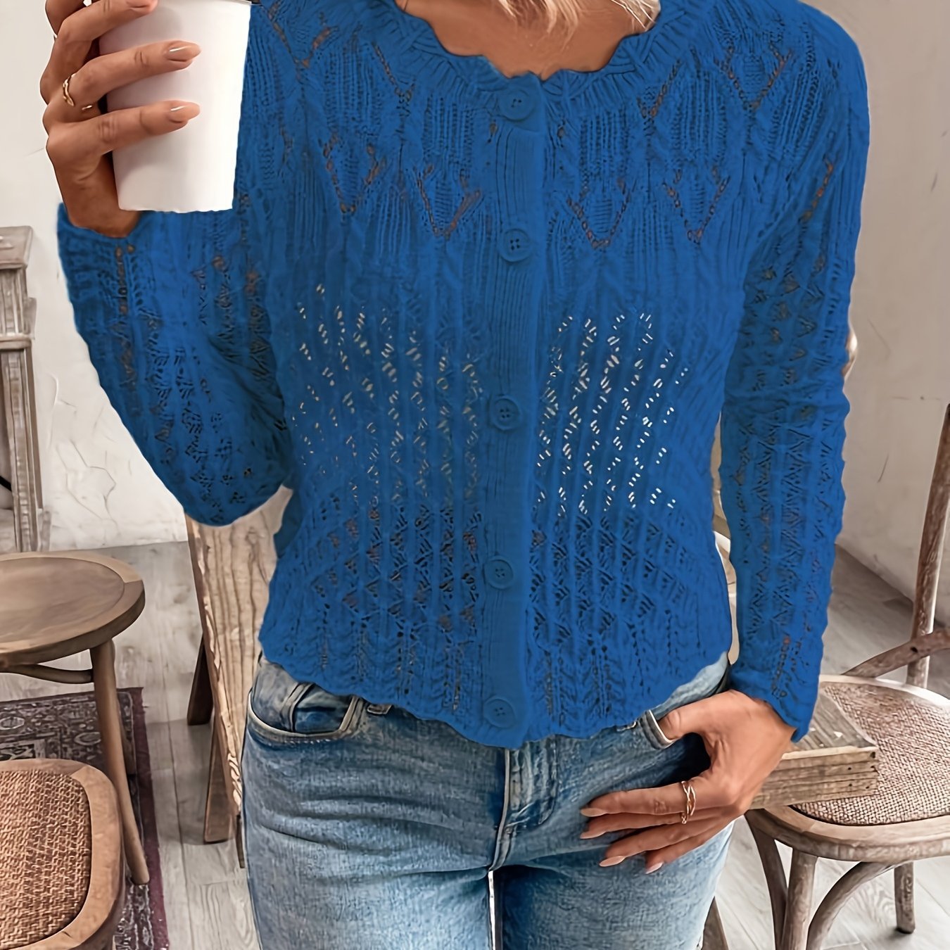 Women's Lightweight Floral Lace Cardigan Long Sleeve Knit Top