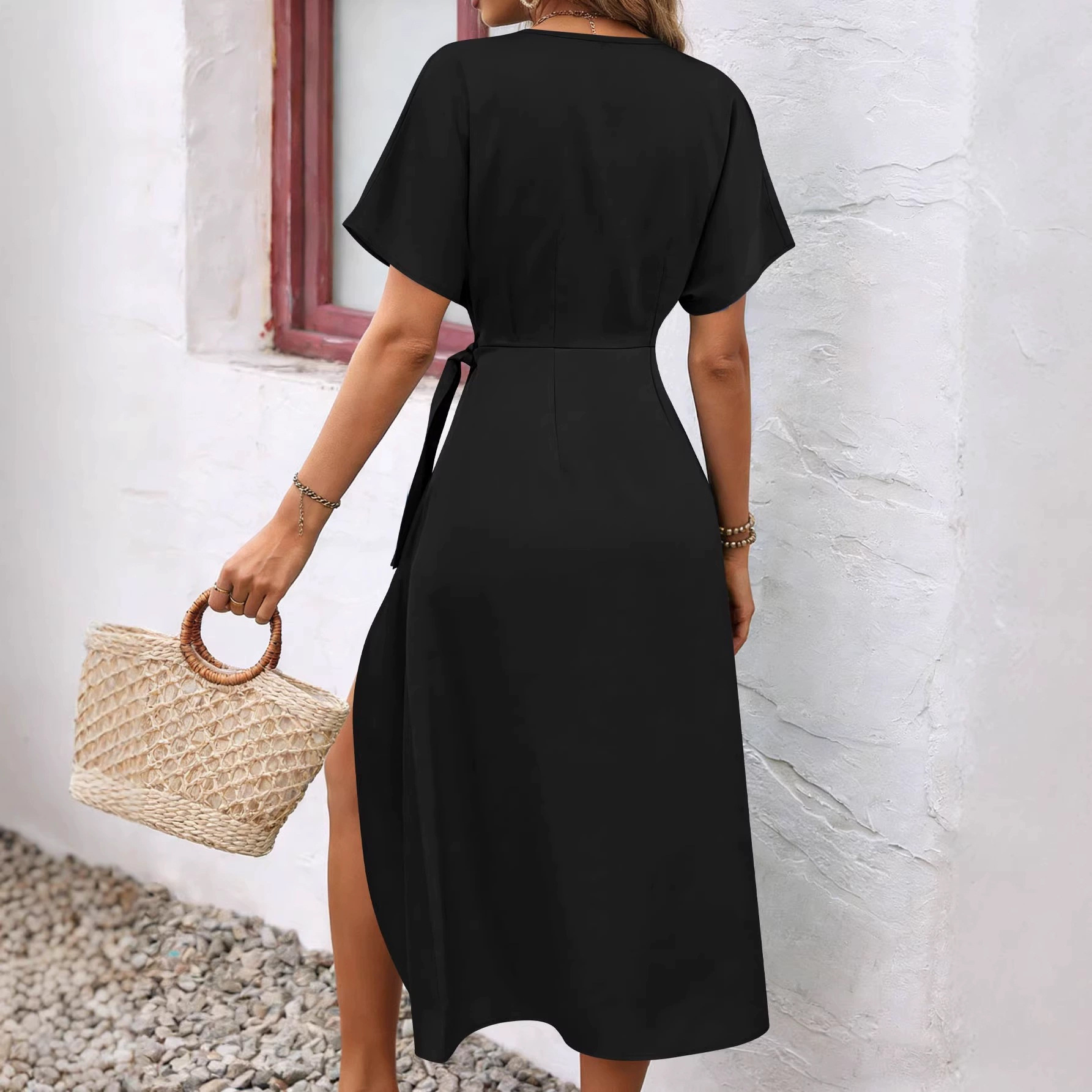 Satin V-Neck Tie-Waist Midi Dress Elegant Women's