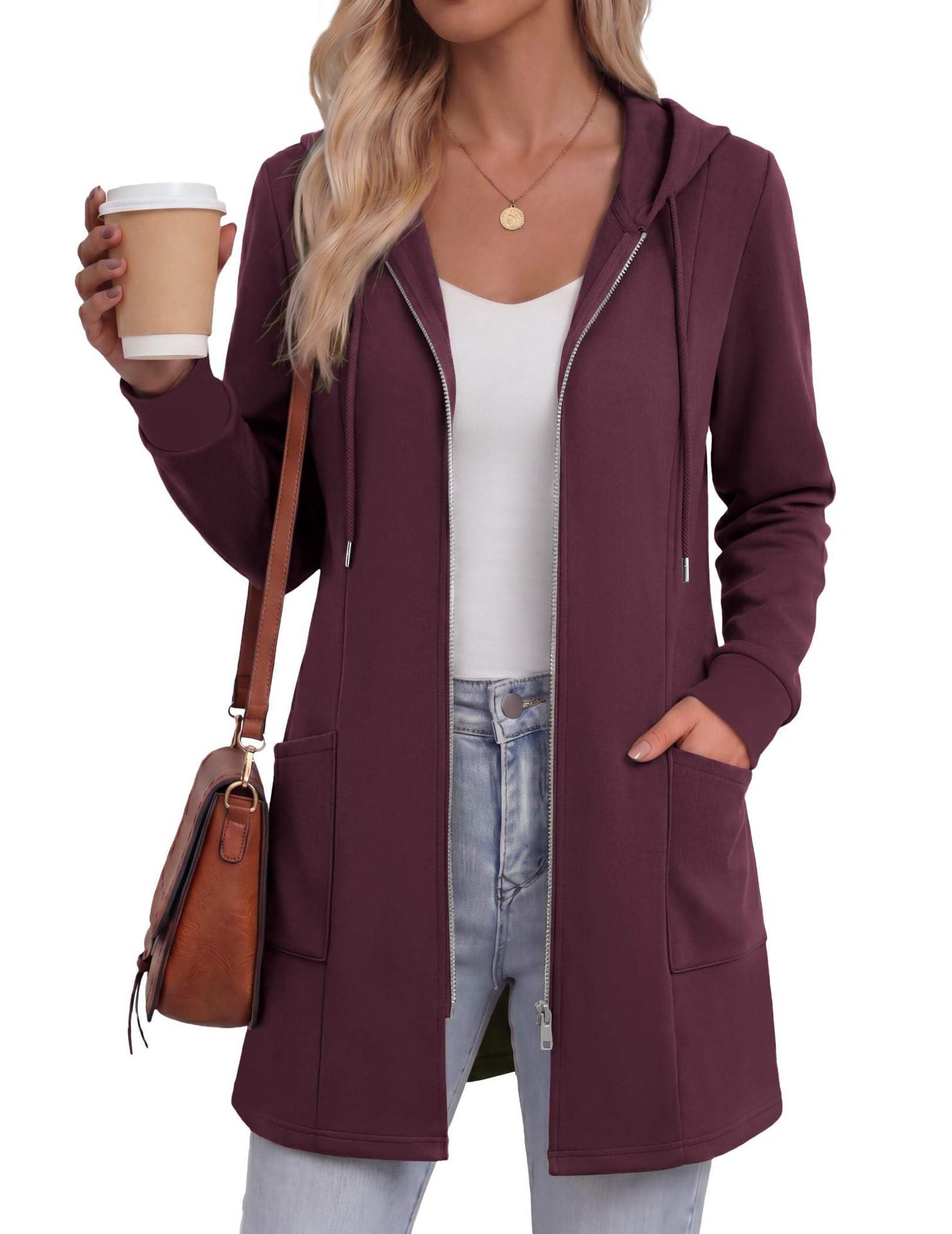 Women's Solid Color Mid-Length Zip-Up Hoodie Casual Sweatshirt Jacket