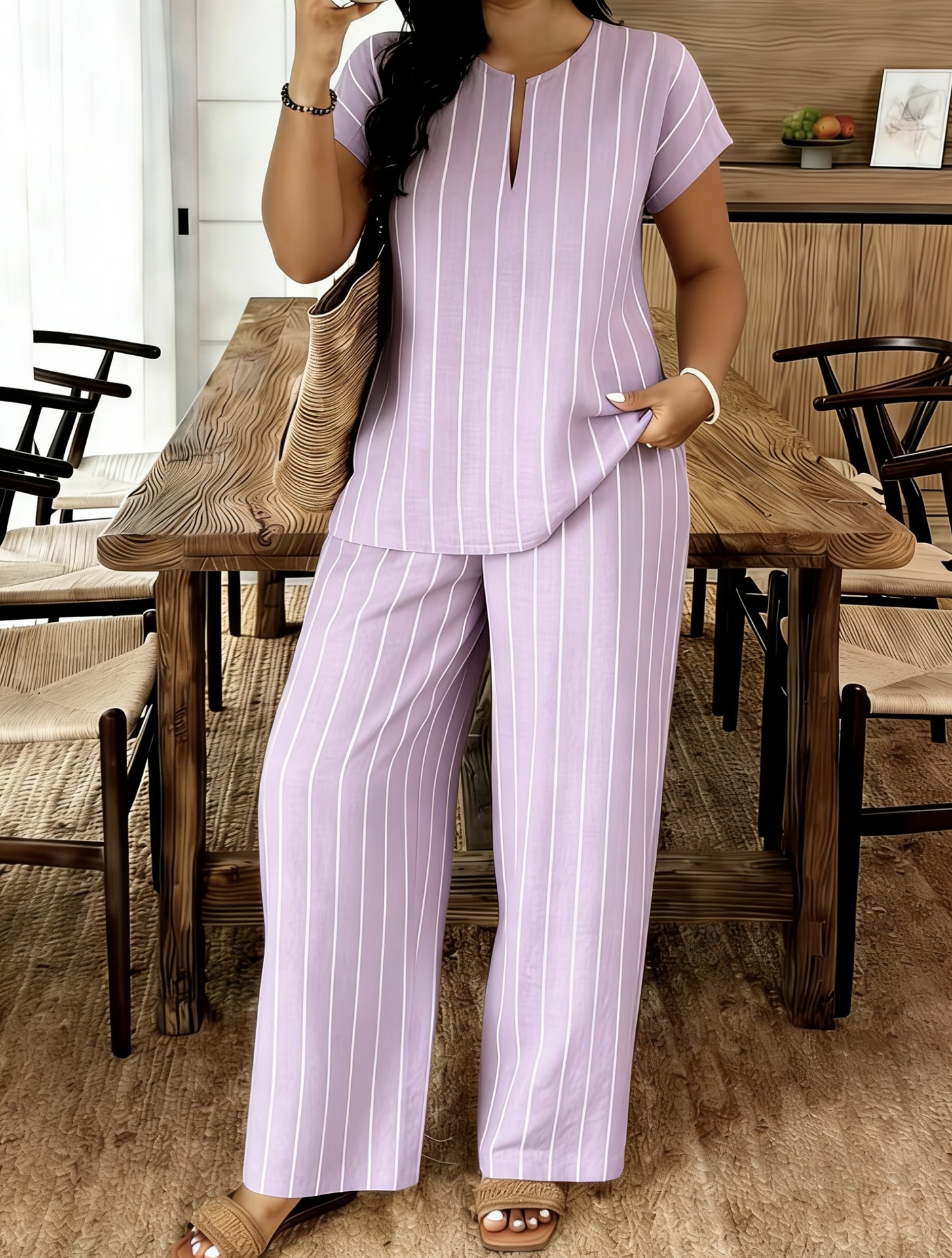 Women's V-Neck Top and Pants Set Casual Striped Two-Piece