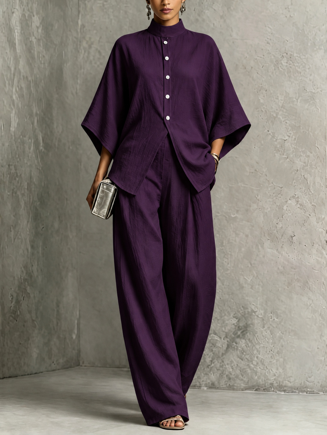 Women's Stand Collar Batwing Sleeve High Waist Wide Leg Two-Piece Set