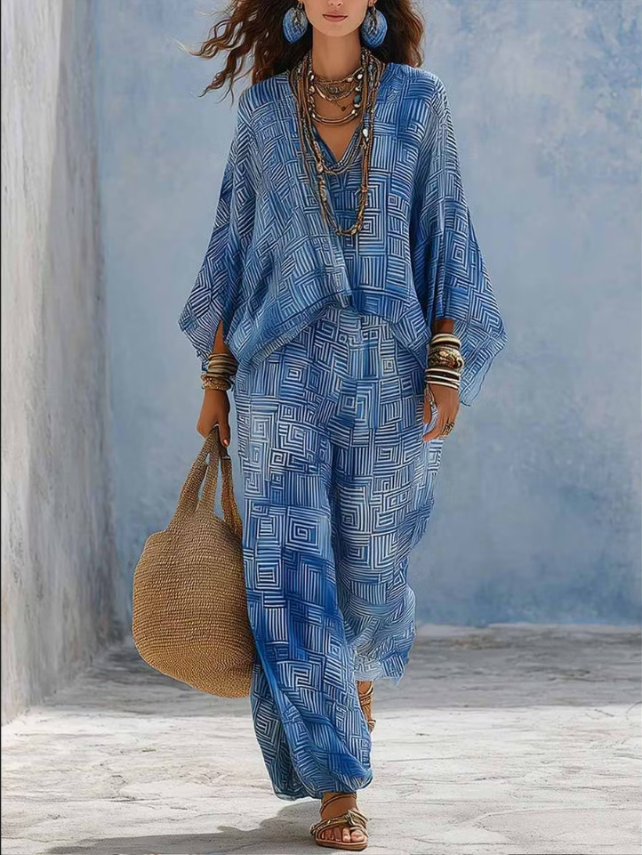 Women's Geometric Print V-Neck Loose Top & High-Waist Wide-Leg Pants Set