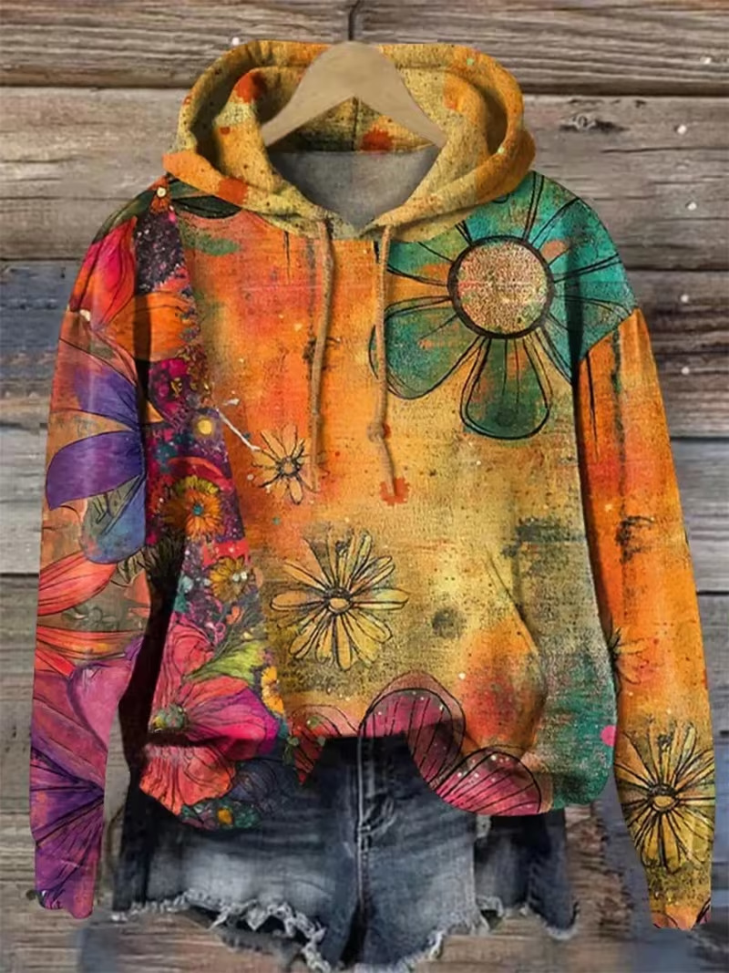 Floral Petal Print Women's Casual Hoodie