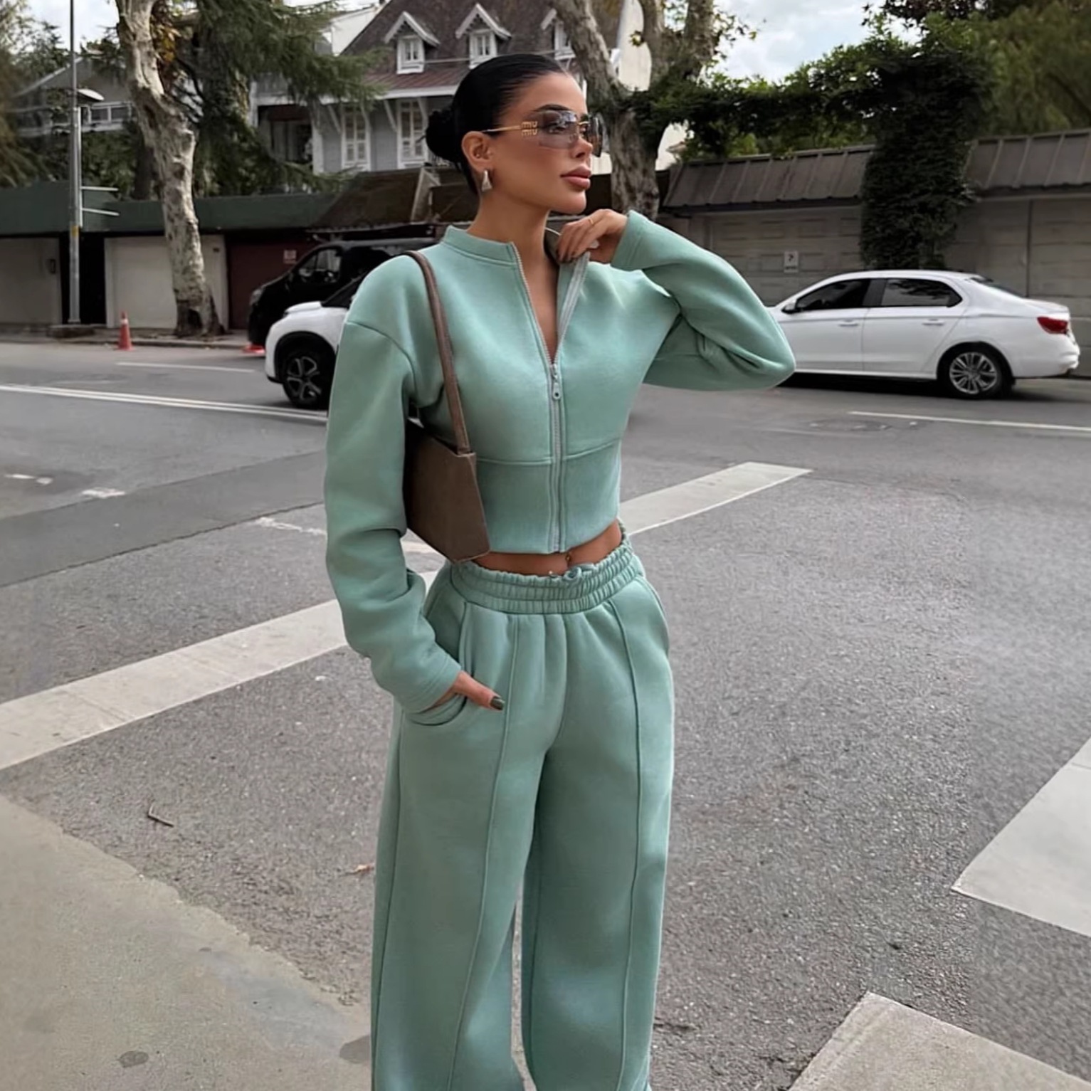 Women's Zip-Up Cardigan and Tie-Waist Pants Two-Piece Set
