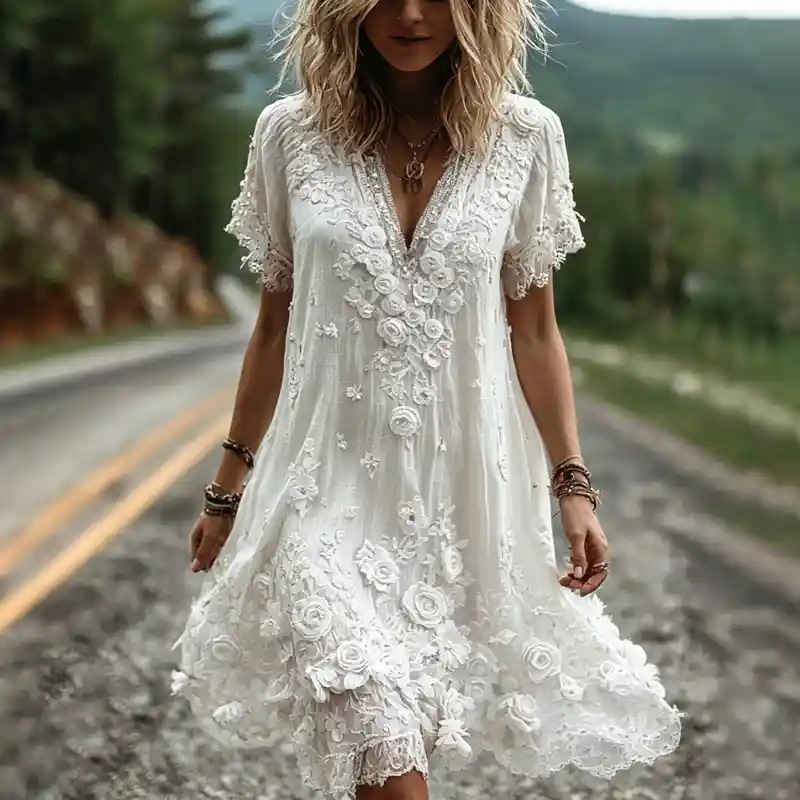 Women's Vintage Floral Print Pleated Midi Dress