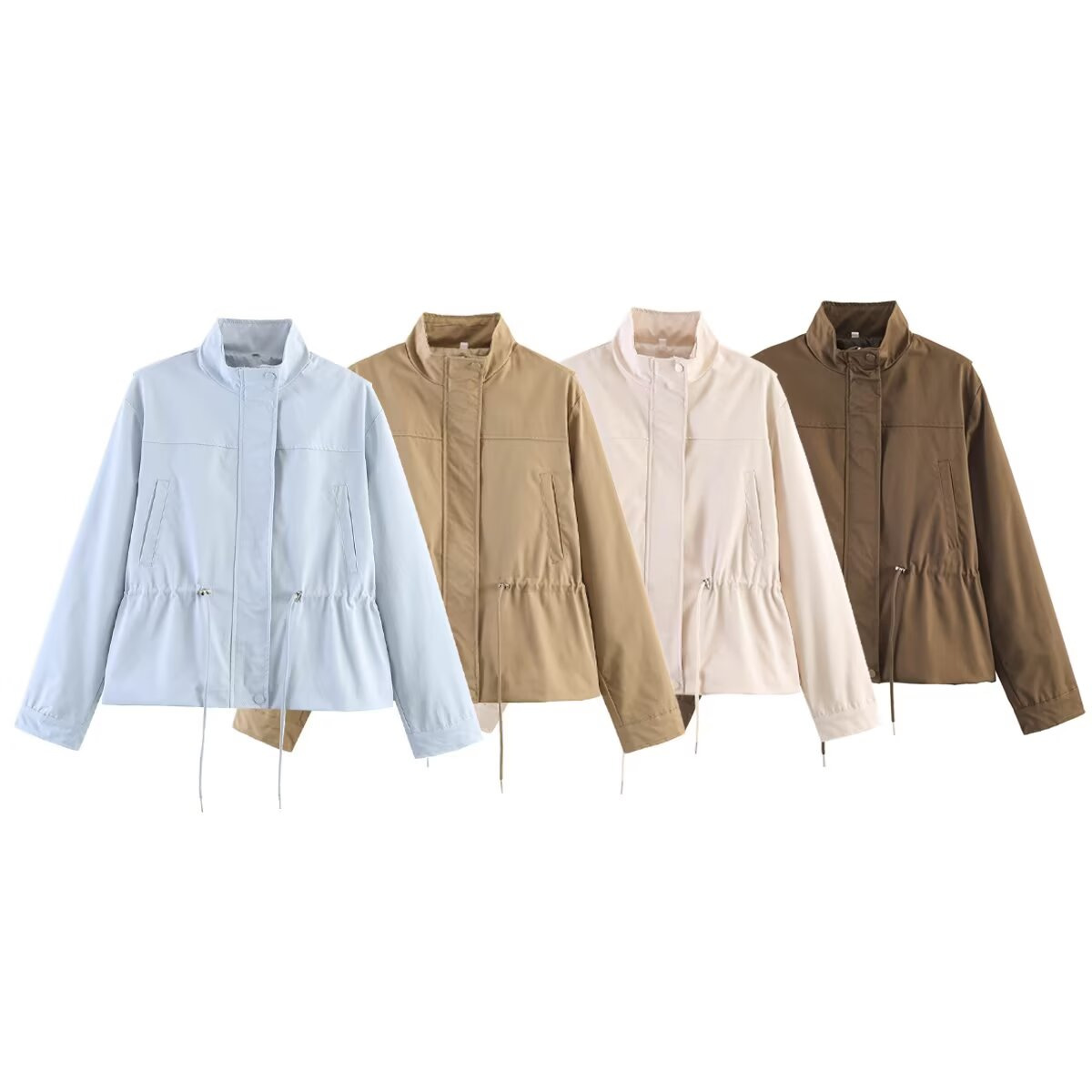Women's Drawstring Waist Stand Collar Zip Jacket Casual Loose Fit