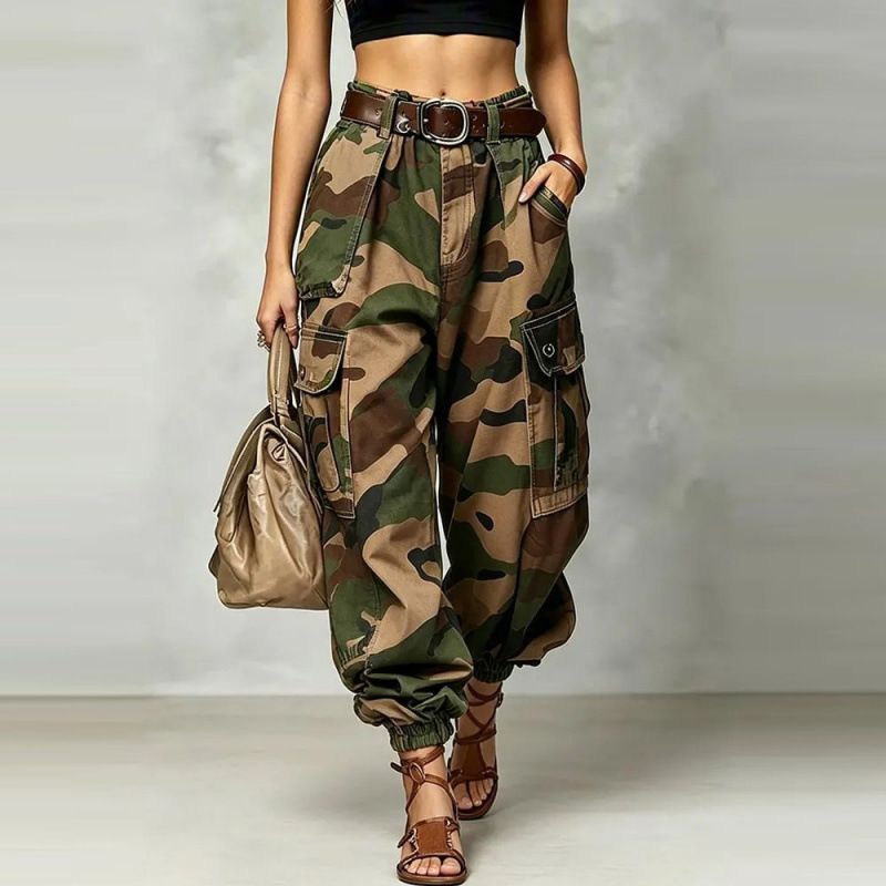 Retro Camo Multi-Pocket Cargo Pants Summer Loose Straight Wide-Leg
