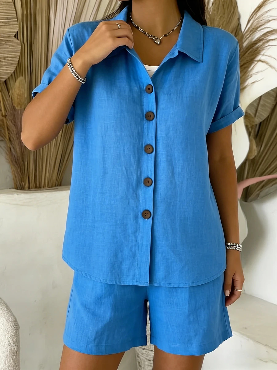 Women's Casual Button Cotton-Linen Short-Sleeve Shirt Set