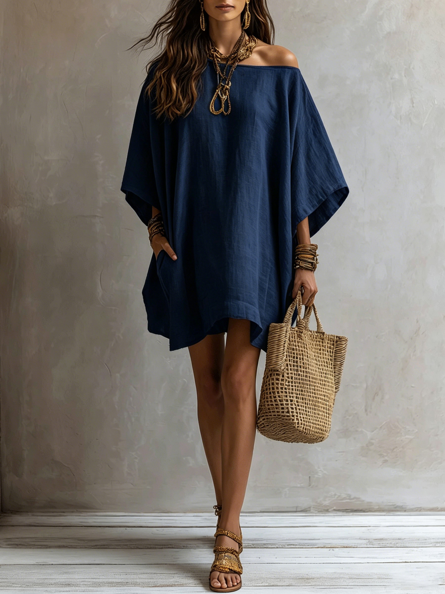 Off-Shoulder Cotton-Linen Midi Dress with Batwing Sleeves and Pockets