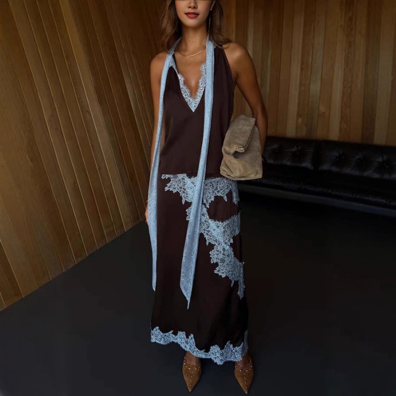 Sleeveless Colorblock Two-Piece Skirt Set Casual Loose Fit