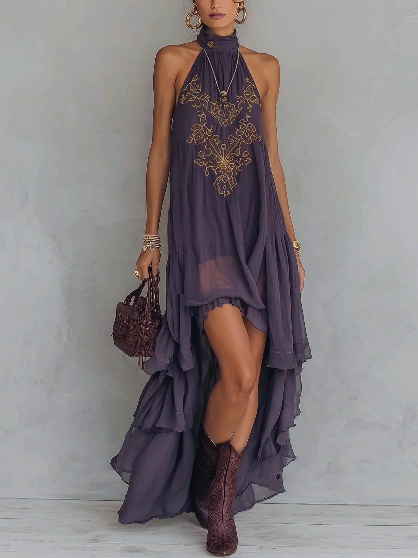 Purple Embroidered Halter Neck Sleeveless Ruffled Long Dress