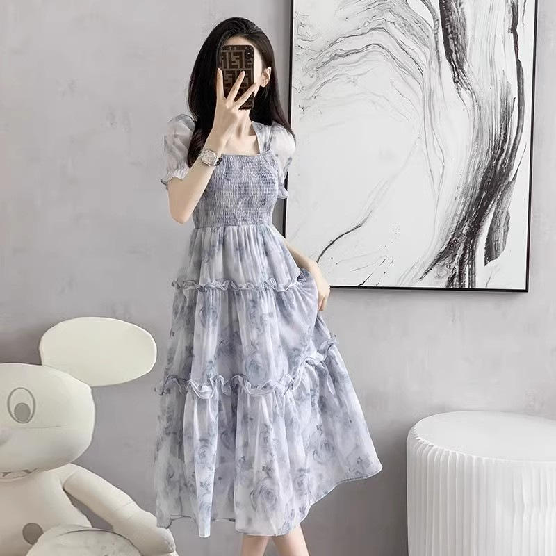Floral Print Square Neck A-Line Midi Dress with Cinched Waist