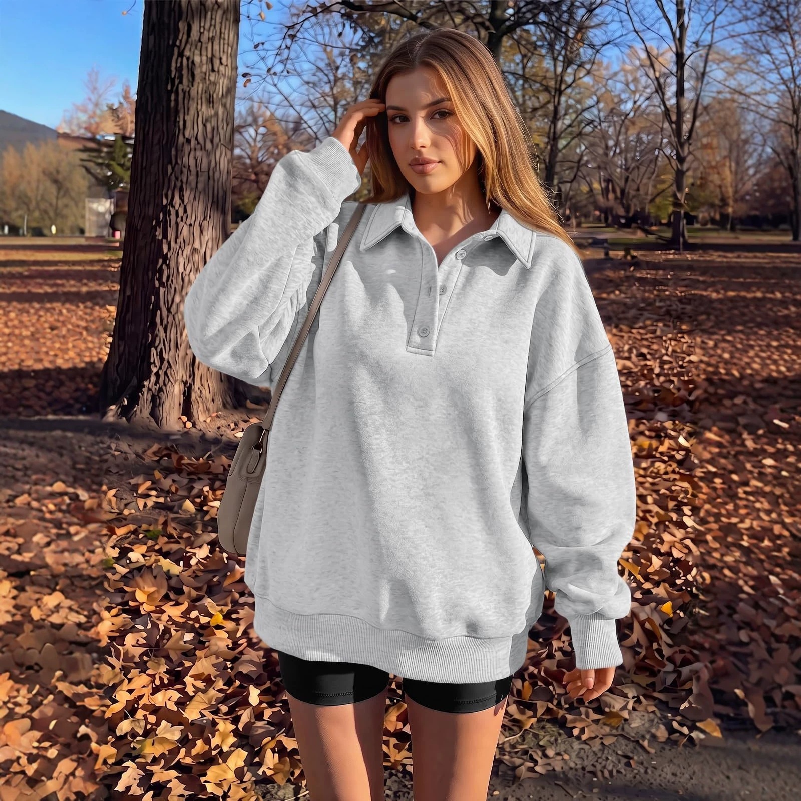 Women's Fleece-Lined Polo Neck Pullover Sweatshirt
