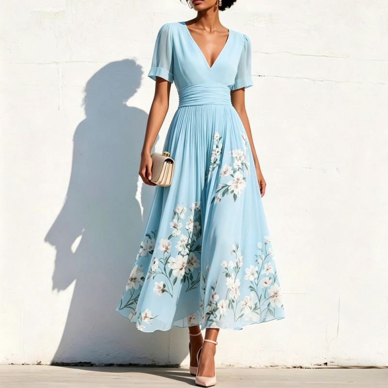 Floral Print Short Sleeve V-Neck Pleated Maxi Dress