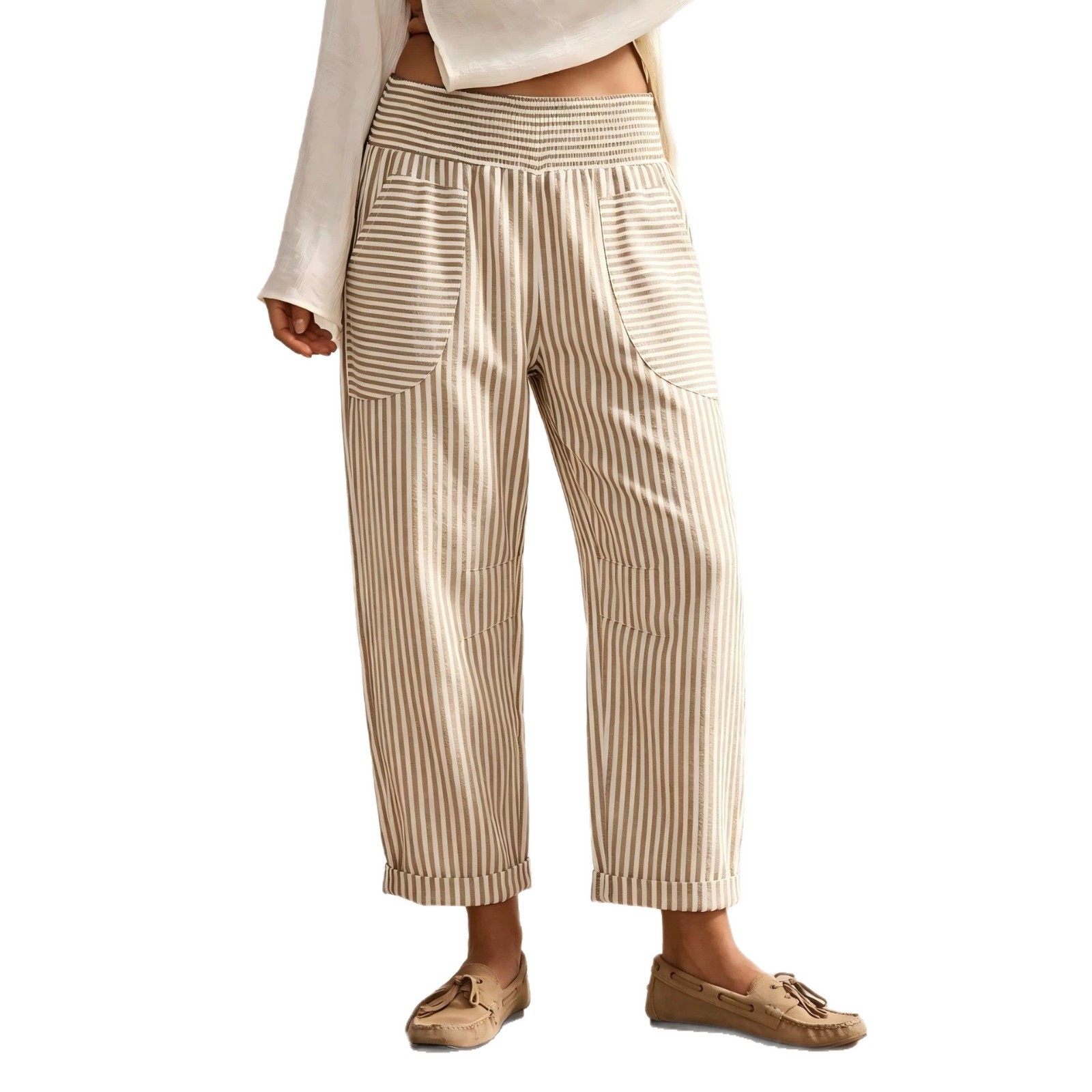 Women's Retro Striped Casual Pants with Pockets, Loose Straight-Leg