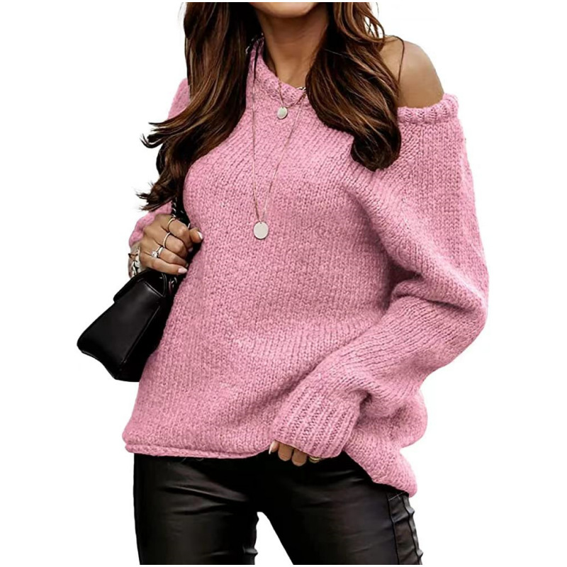 Off-Shoulder Crewneck Pullover Knit Sweater Solid Color Loose Fit