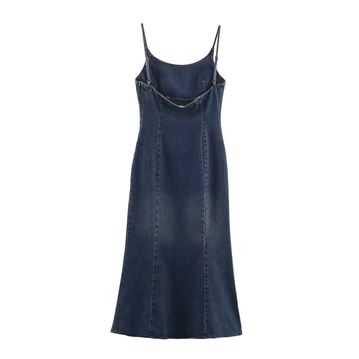 Women's Vintage Washed Denim Cami Dress High Waist Midi