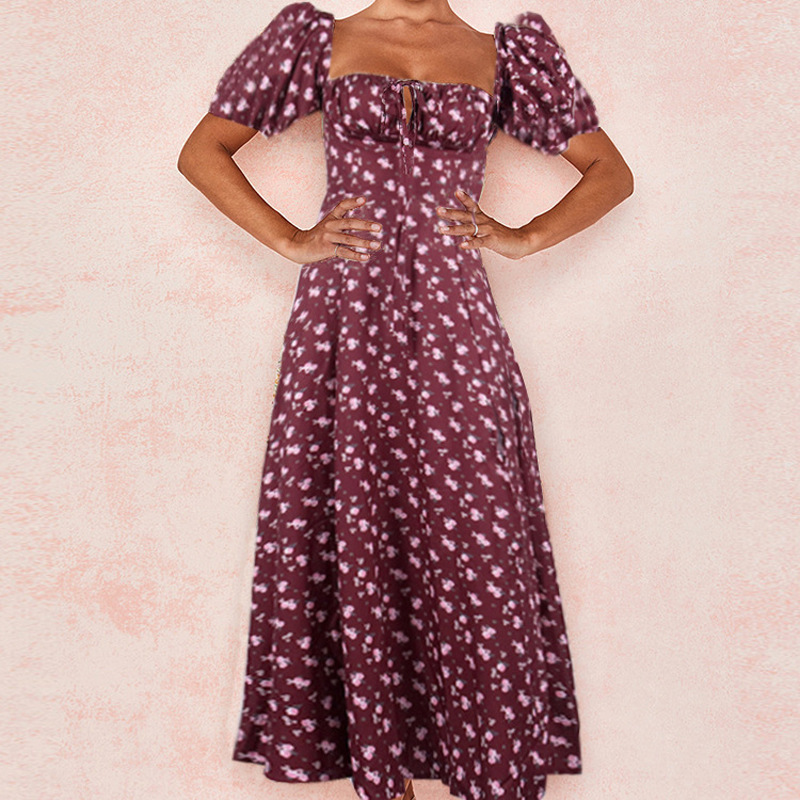 Floral French Style Open Back Slim Fit Cami Dress with Slit