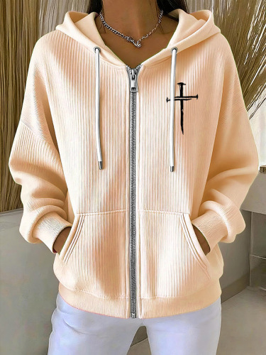 Women's Cross Print Ribbed Hoodie Long Sleeve Crew Neck Zip Up