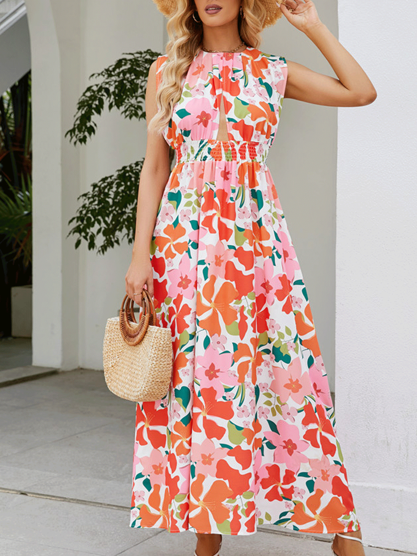 Women's Sleeveless Floral Print Halter Maxi Dress with Waist Tie