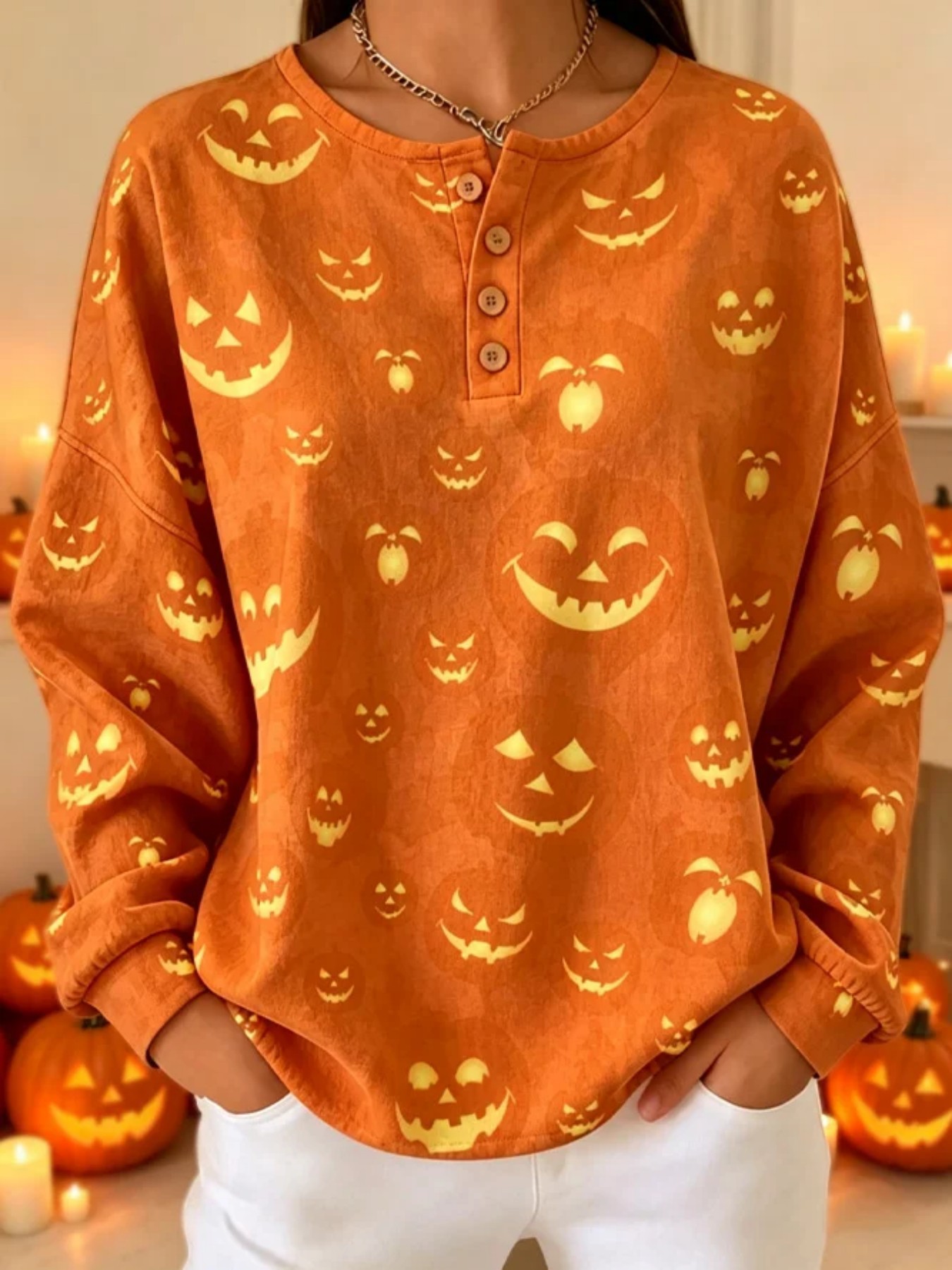 Women's Retro Pumpkin Smiley Print Button Sweatshirt