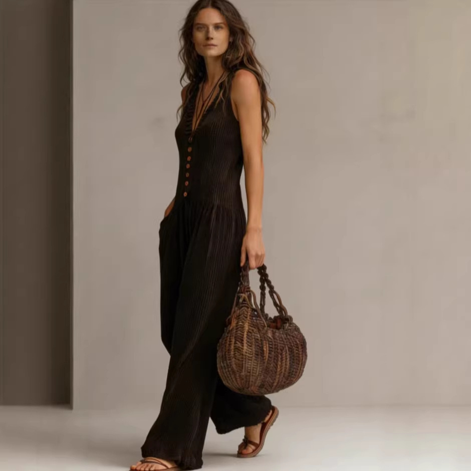 Women's V-Neck Sleeveless Wide-Leg Knit Jumpsuit