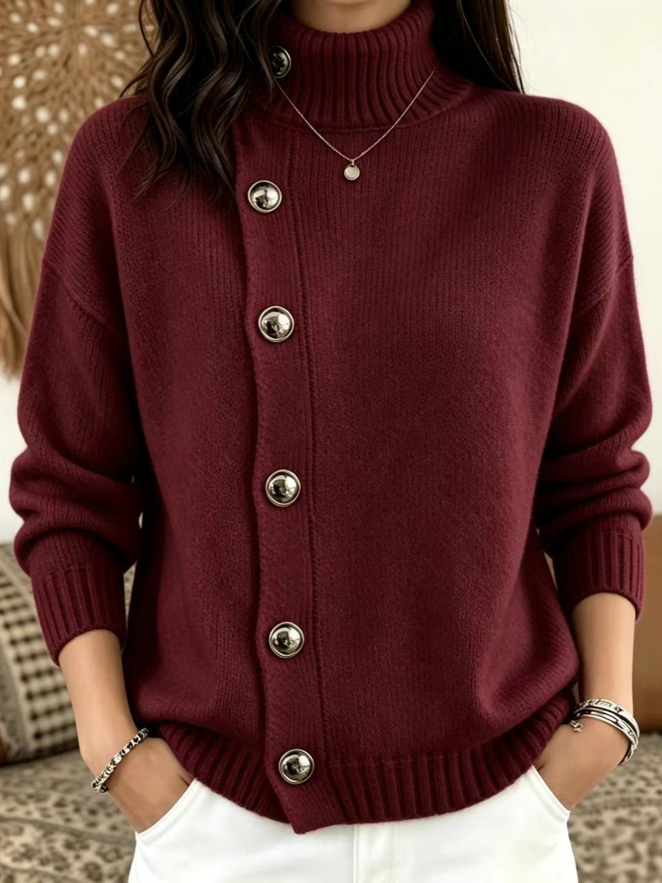 Metal Button Solid Color Loose Turtleneck Sweater