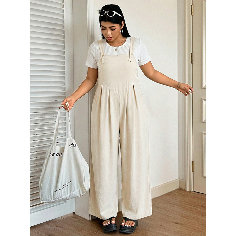 Women's Plus Size Beige Wide-Leg Jumpsuit with Straps