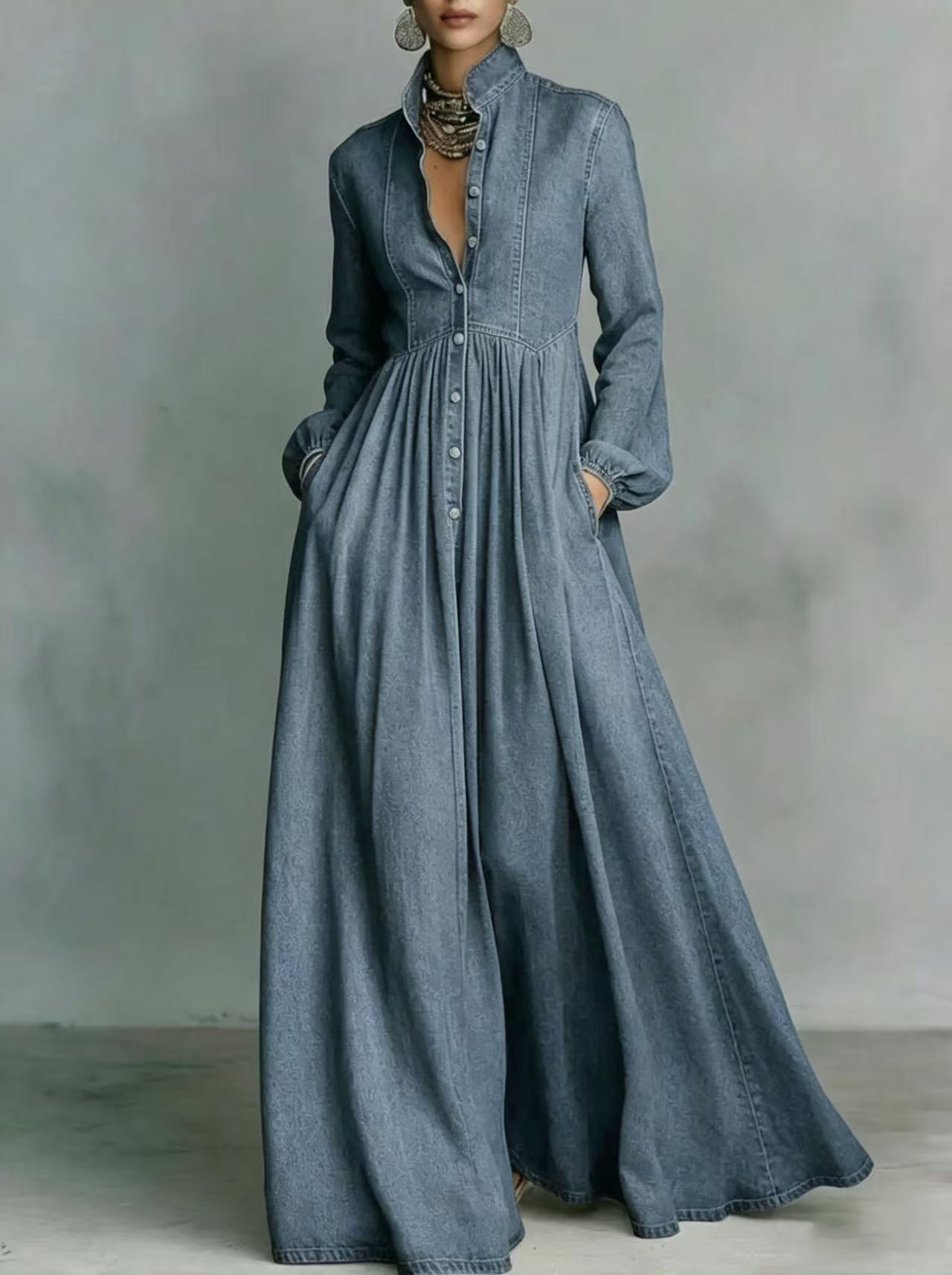 Women's Denim Maxi Dress with Asymmetric One-Shoulder and Flared Skirt