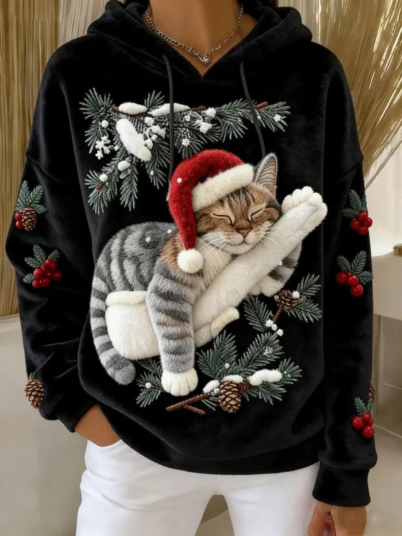 Christmas Cat Print Fleece Hoodie Women's Pullover