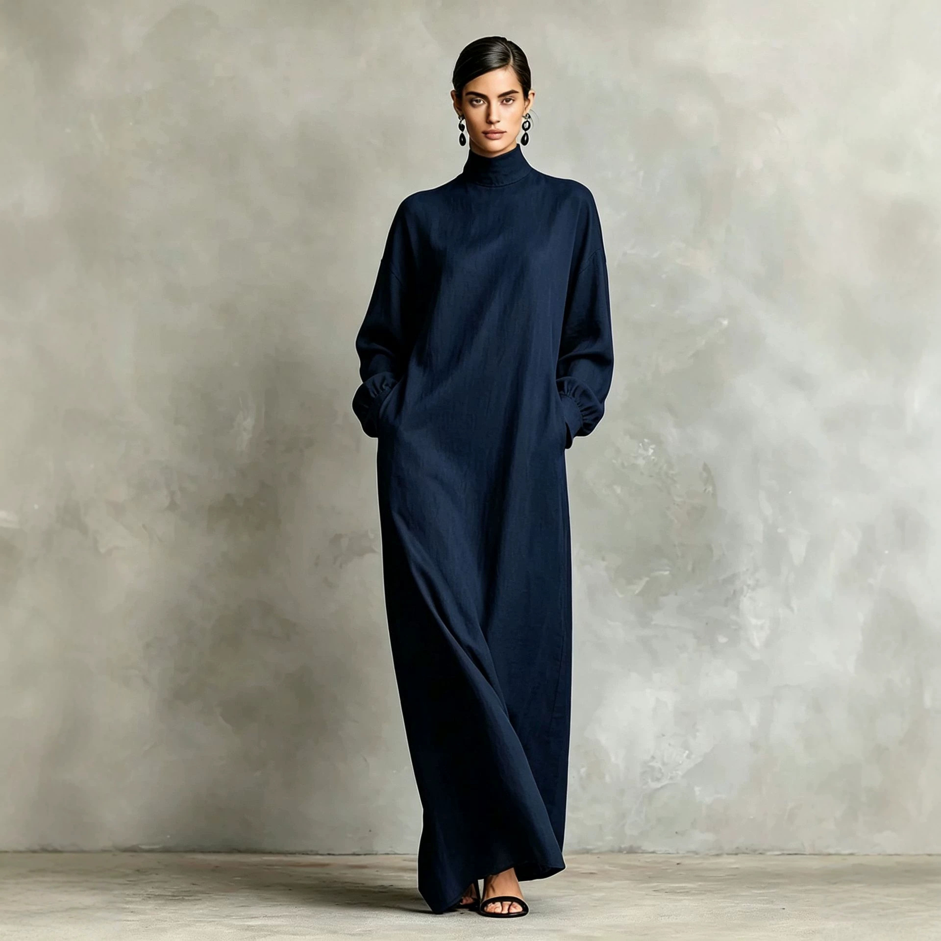 Women's Solid High Neck Loose Casual A-Line Long Dress