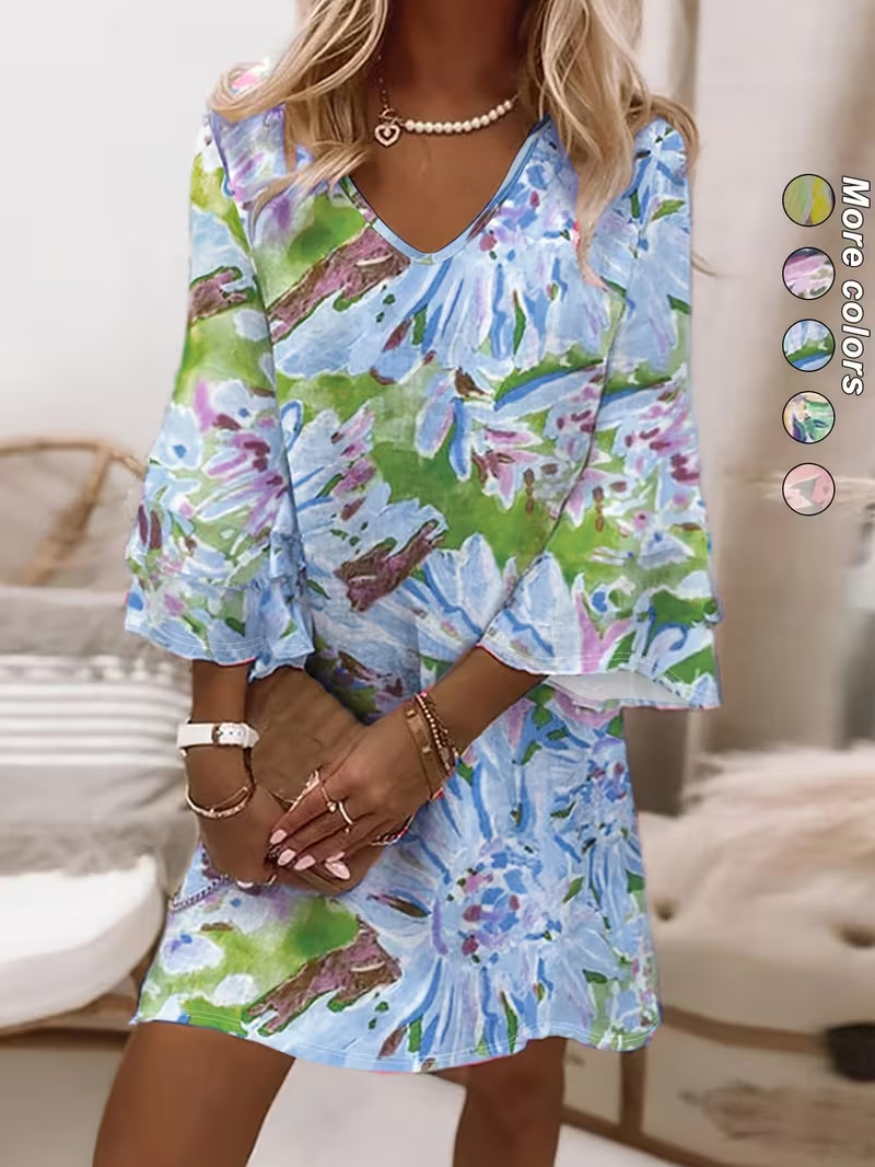Women's Floral Print Rolled Sleeve Midi Dress