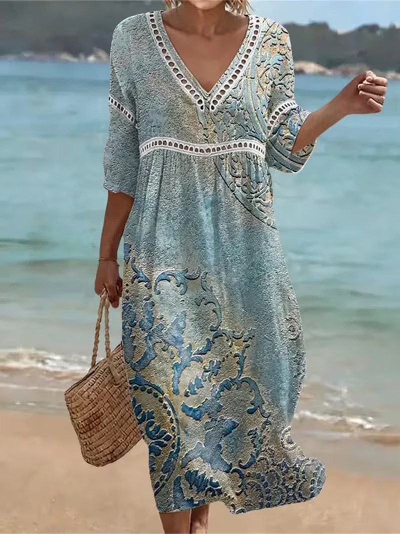 Women's Floral Print Pleated Midi Dress with Deep V-Neck and Five-Quarter Sleeves