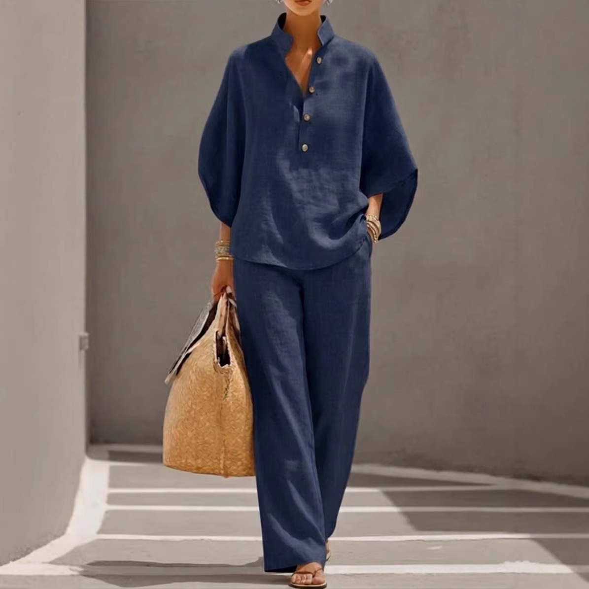 Women's Casual Solid Zip-Up Wide-Leg Pants Set
