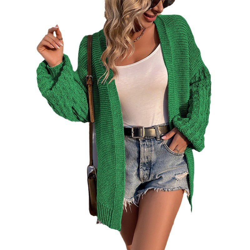 Women's Mid-Length Knit Cardigan Sweater with Lantern Sleeves, Solid Color