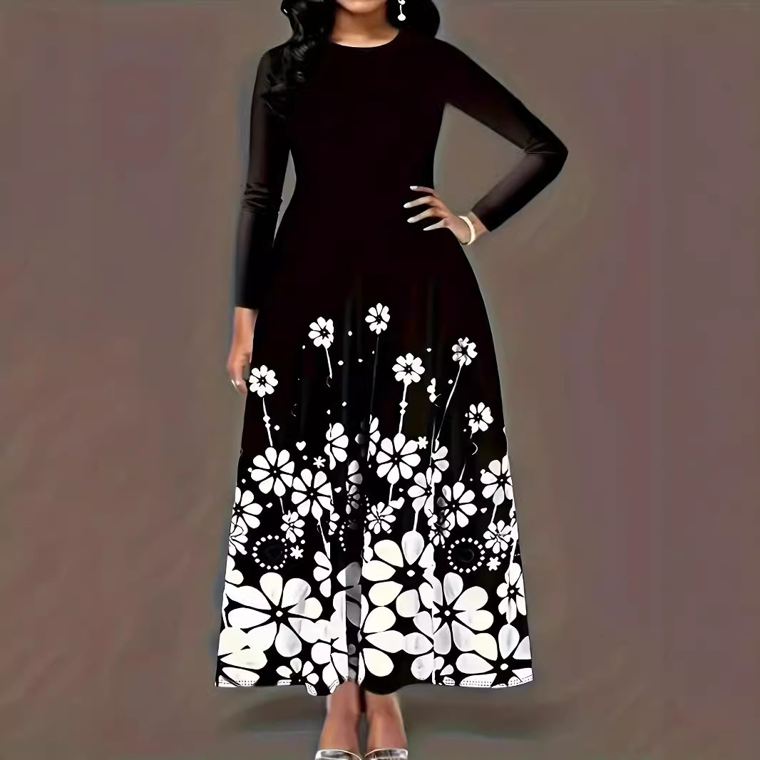 Women's Long Sleeve Printed Loose Round Neck Pleated Midi Dress