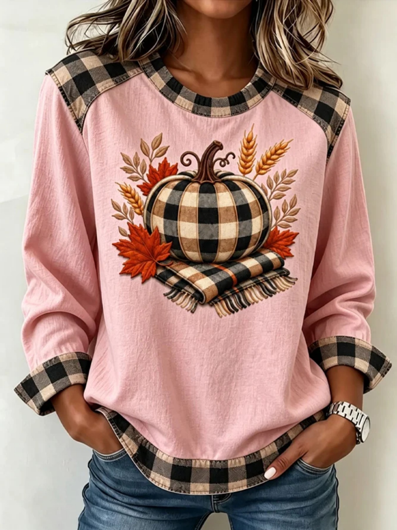 Pumpkin Maple Leaf Plaid Print Crewneck Long Sleeve Pullover Sweatshirt